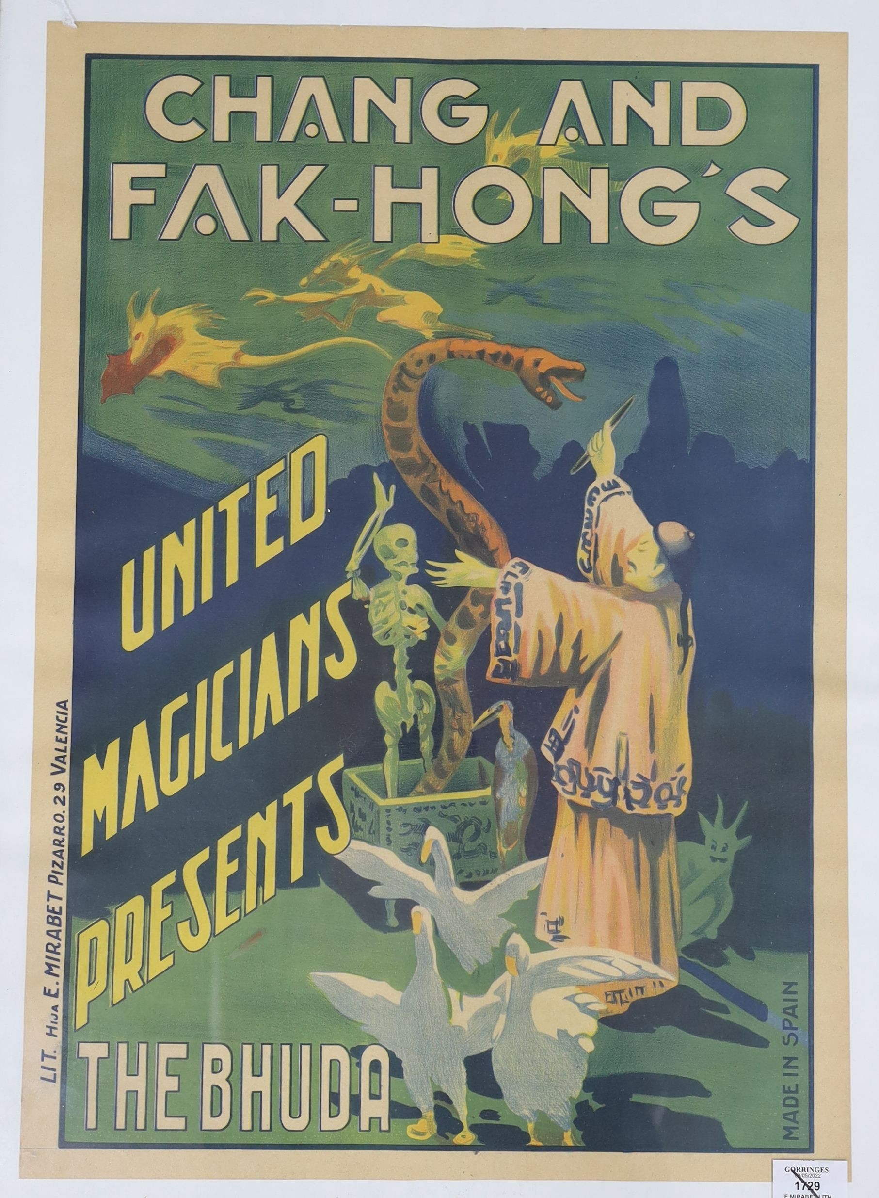 E.Mirabet lith. two colour lithographs, ‘Great Ghang and Fak-Hongs United Magicians presents The Invisible Man’, 63 x 43.5cm. and ‘Chang and Fak Hong’s United Magicians presents The Bhuda’, 63 x 44.5cm.